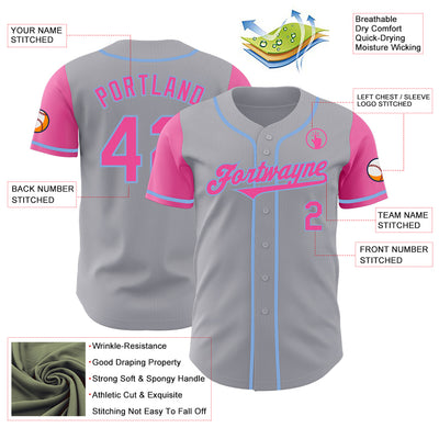 Custom Gray Pink-Light Blue Authentic Two Tone Baseball Jersey