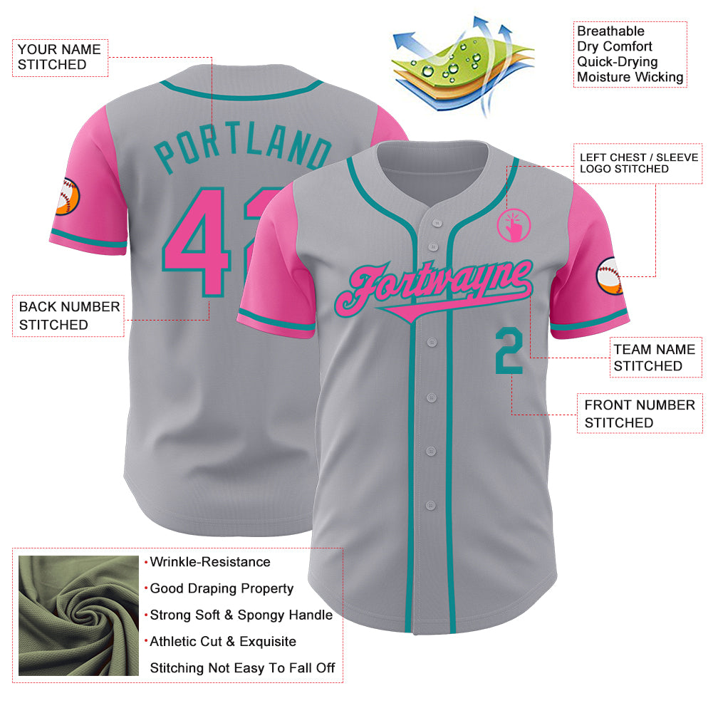 Custom Gray Pink-Teal Authentic Two Tone Baseball Jersey