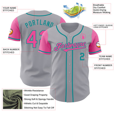 Custom Gray Pink-Teal Authentic Two Tone Baseball Jersey