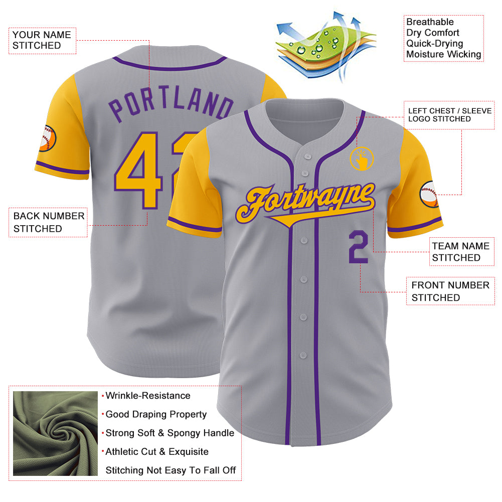 Custom Gray Gold-Purple Authentic Two Tone Baseball Jersey
