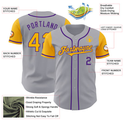 Custom Gray Gold-Purple Authentic Two Tone Baseball Jersey