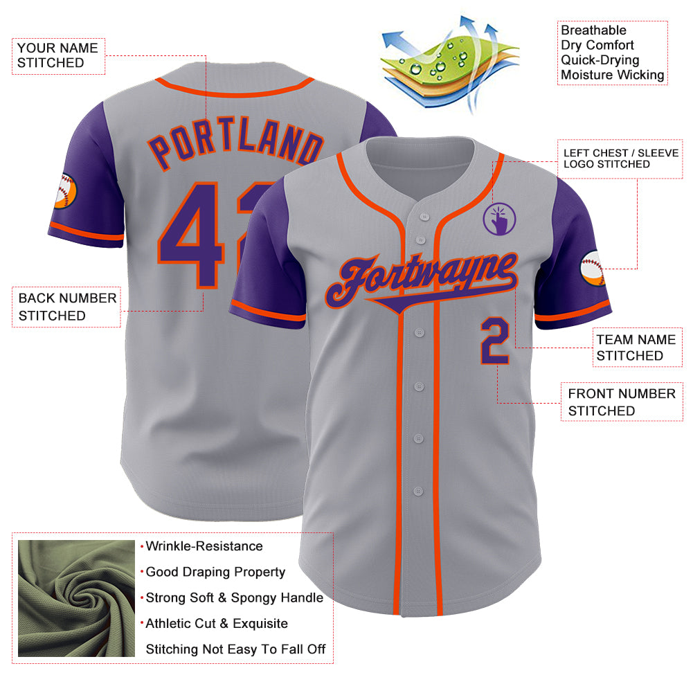 Custom Gray Purple-Orange Authentic Two Tone Baseball Jersey