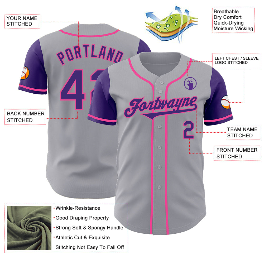 Custom Gray Purple-Pink Authentic Two Tone Baseball Jersey