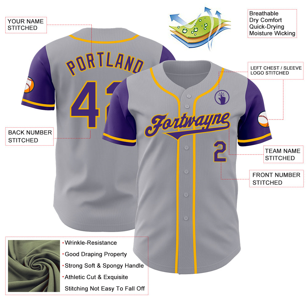 Custom Gray Purple-Gold Authentic Two Tone Baseball Jersey