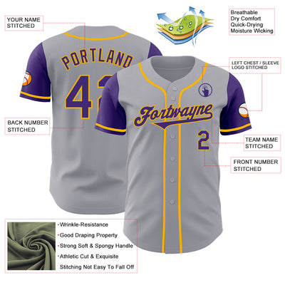 Custom Gray Purple-Gold Authentic Two Tone Baseball Jersey