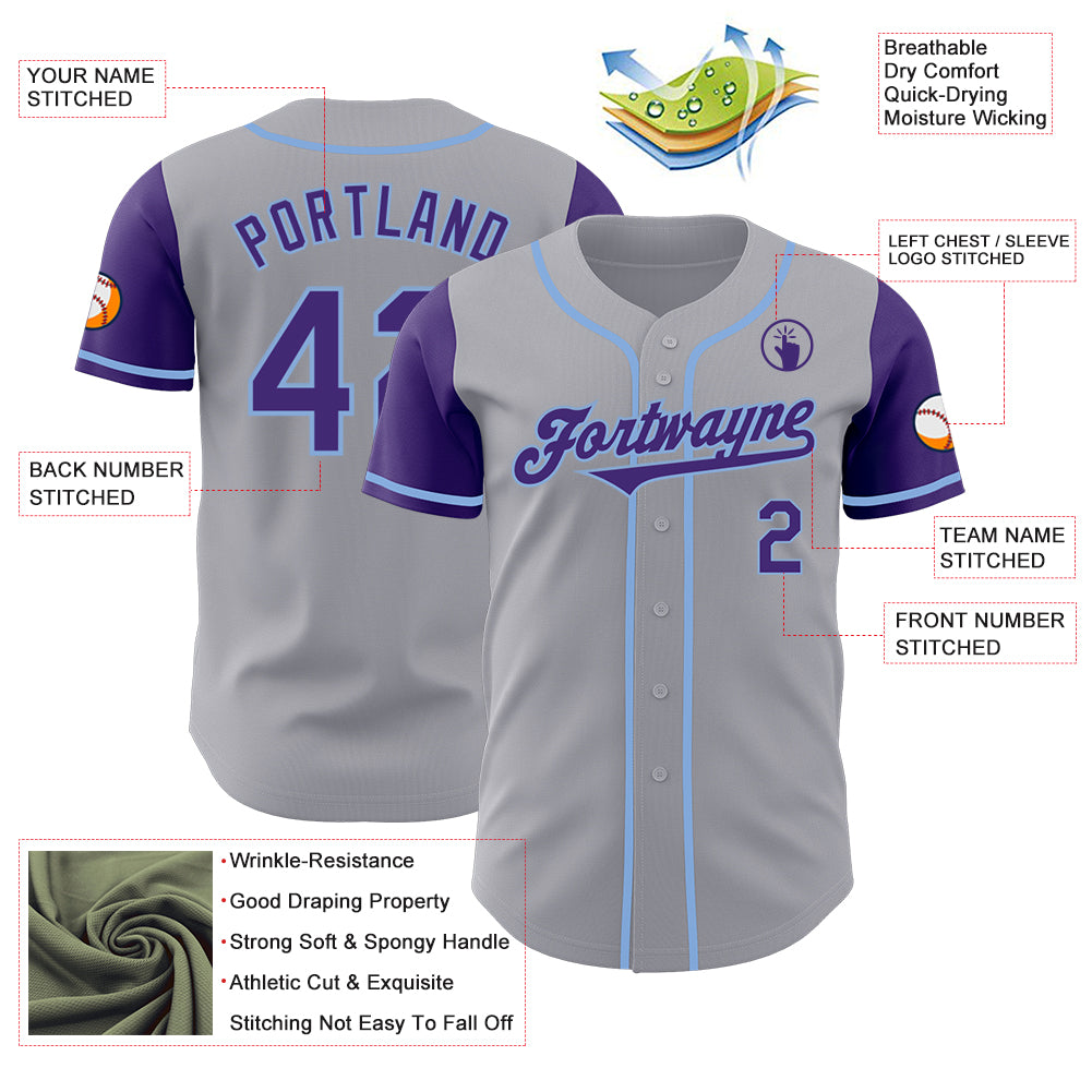 Custom Gray Purple-Light Blue Authentic Two Tone Baseball Jersey