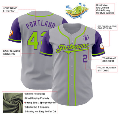Custom Gray Neon Green-Purple Authentic Two Tone Baseball Jersey