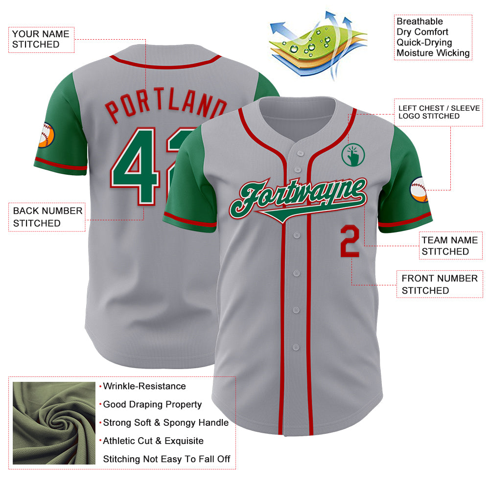 Custom Gray Kelly Green-Red Authentic Two Tone Baseball Jersey