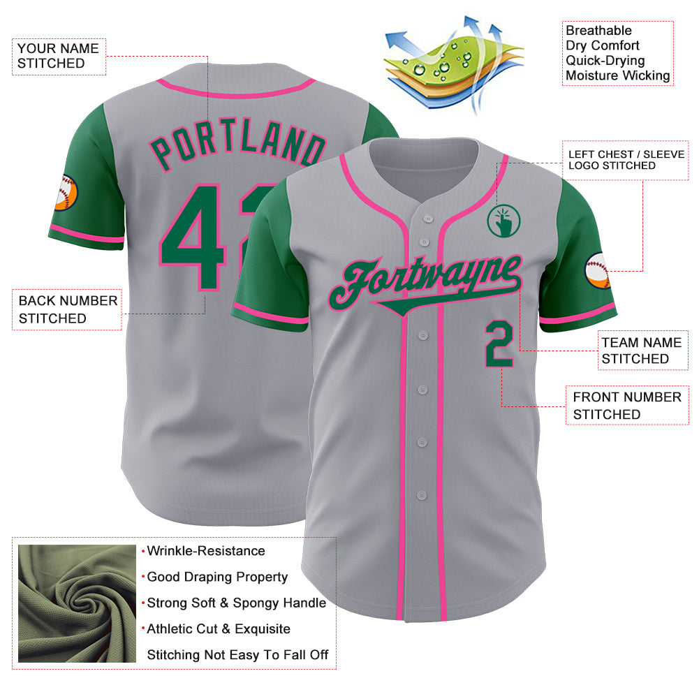 Custom Gray Kelly Green-Pink Authentic Two Tone Baseball Jersey
