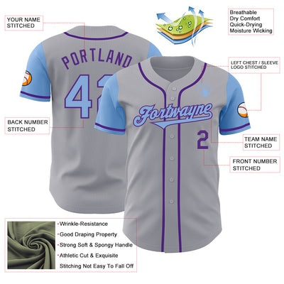 Custom Gray Light Blue-Purple Authentic Two Tone Baseball Jersey