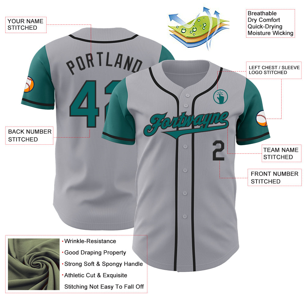 Custom Gray Teal-Black Authentic Two Tone Baseball Jersey