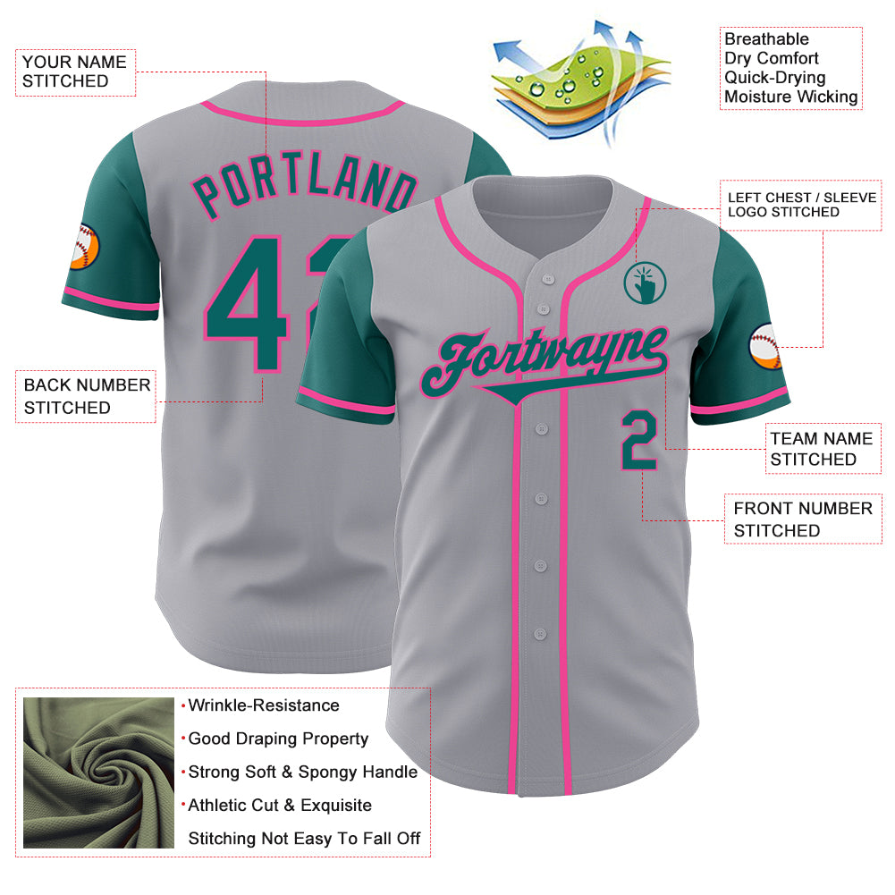 Custom Gray Teal-Pink Authentic Two Tone Baseball Jersey