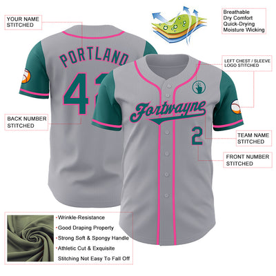 Custom Gray Teal-Pink Authentic Two Tone Baseball Jersey