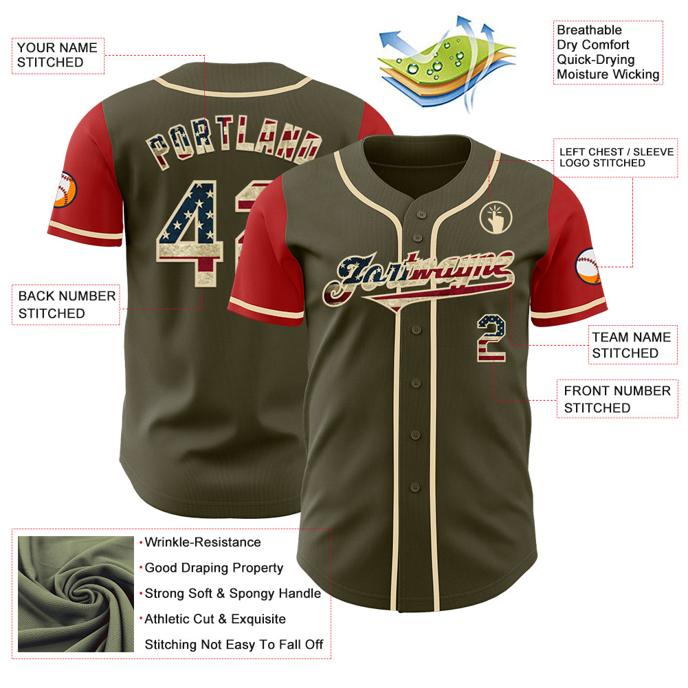 Custom Olive Vintage USA Flag Red-Cream Authentic Two Tone Salute To Service Baseball Jersey