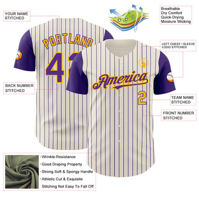 Custom Cream Purple Pinstripe Gold Authentic Two Tone Baseball Jersey