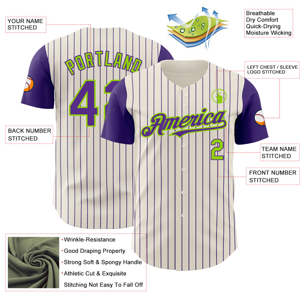 Custom Cream Purple Pinstripe Neon Green Authentic Two Tone Baseball Jersey