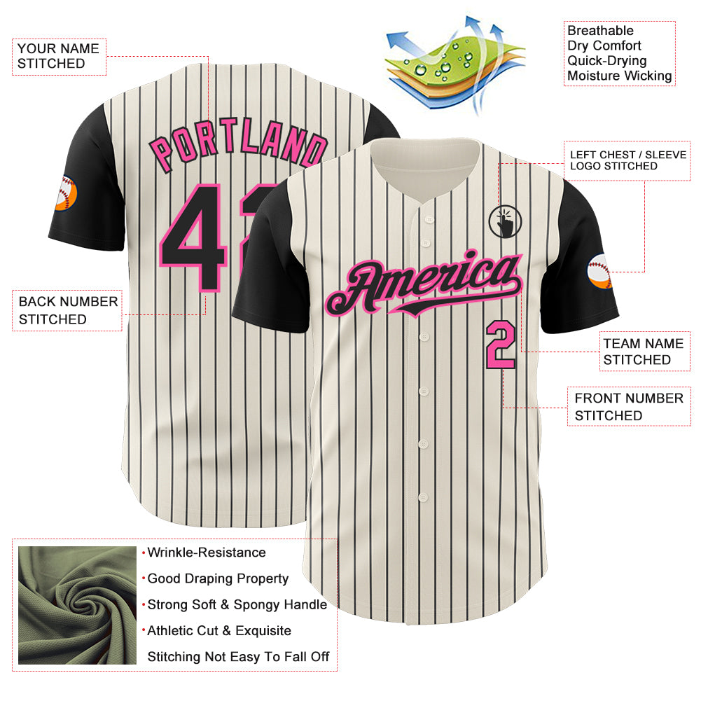 Custom Cream Black Pinstripe Pink Authentic Two Tone Baseball Jersey