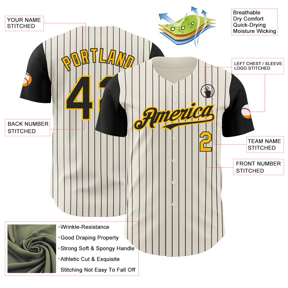 Custom Cream Black Pinstripe Gold Authentic Two Tone Baseball Jersey