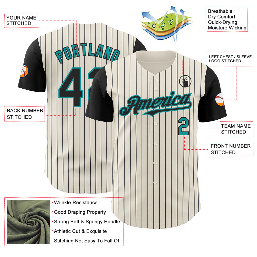 Custom Cream Black Pinstripe Teal Authentic Two Tone Baseball Jersey