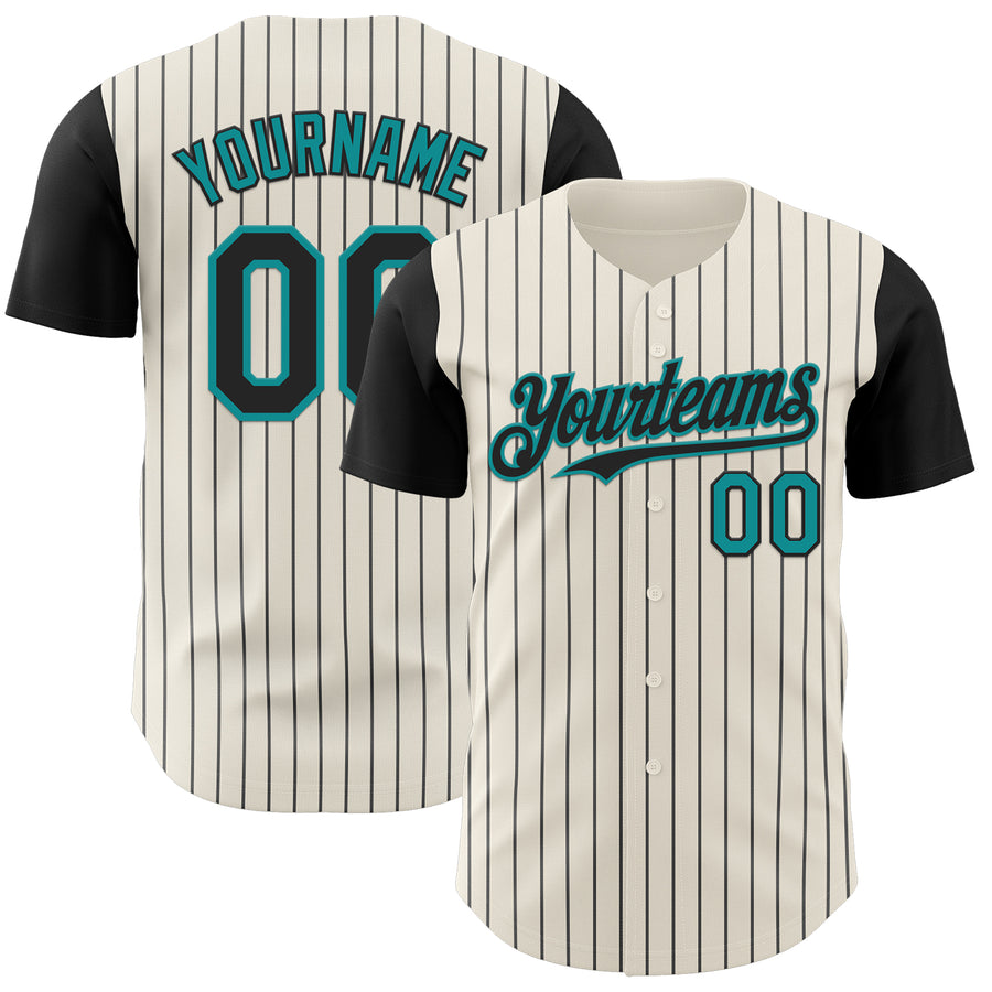 Custom Cream Black Pinstripe Teal Authentic Two Tone Baseball Jersey