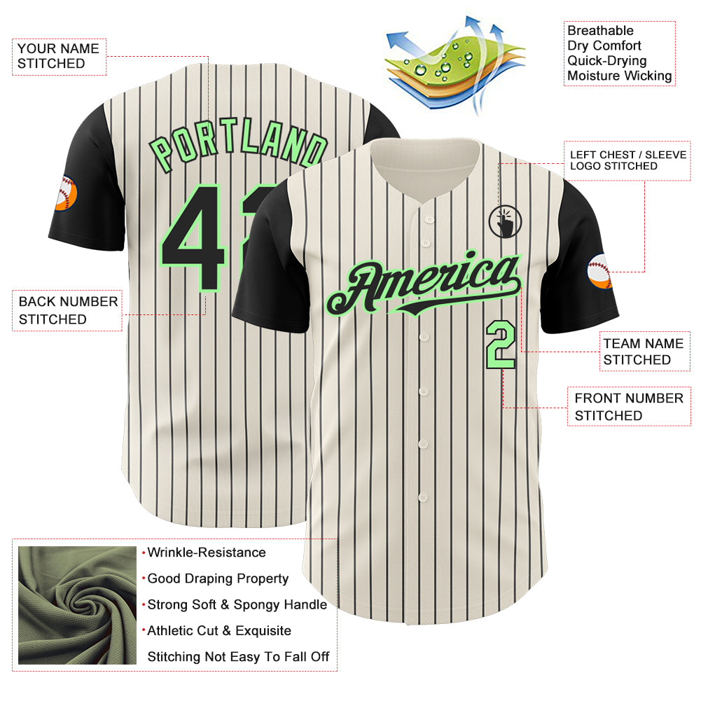 Custom Cream Black Pinstripe Pea Green Authentic Two Tone Baseball Jersey