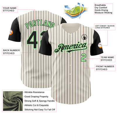 Custom Cream Black Pinstripe Pea Green Authentic Two Tone Baseball Jersey