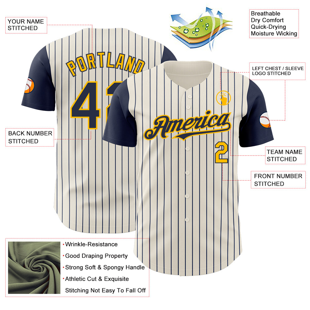 Custom Cream Navy Pinstripe Gold Authentic Two Tone Baseball Jersey