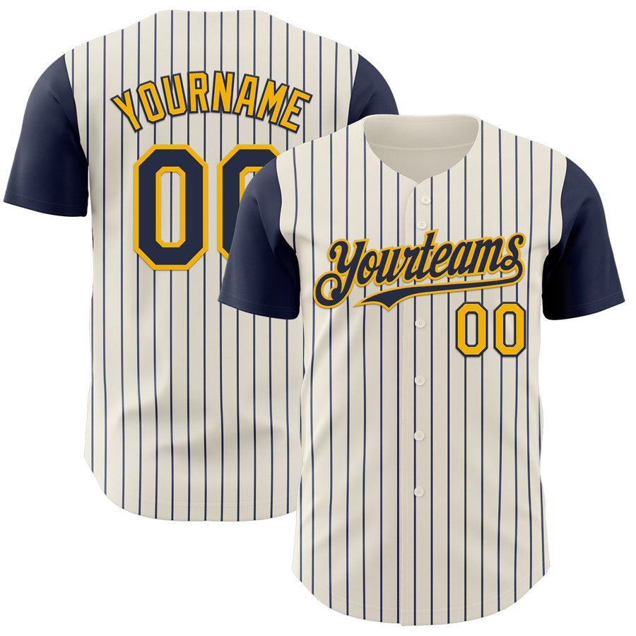 Custom Cream Navy Pinstripe Gold Authentic Two Tone Baseball Jersey