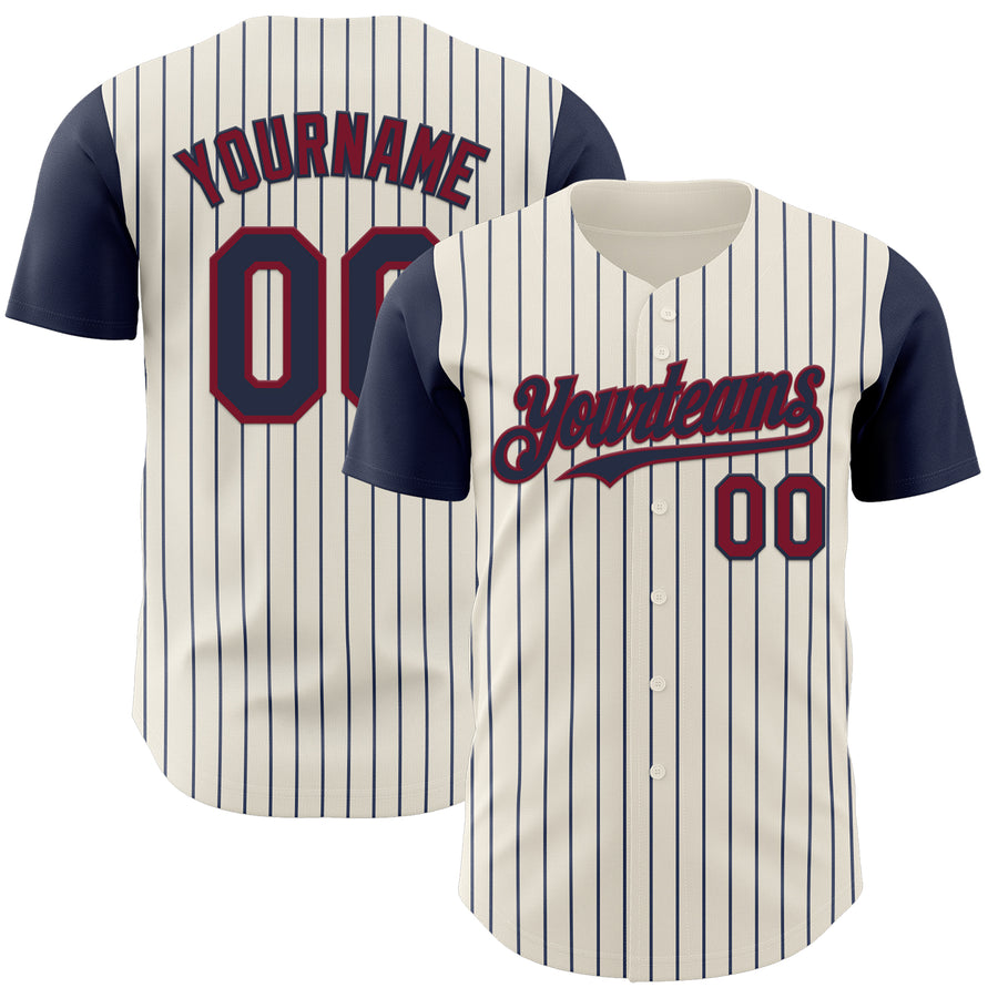 Custom Cream Navy Pinstripe Crimson Authentic Two Tone Baseball Jersey
