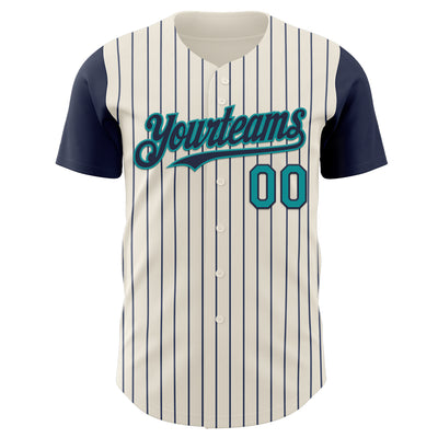 Custom Cream Navy Pinstripe Teal Authentic Two Tone Baseball Jersey
