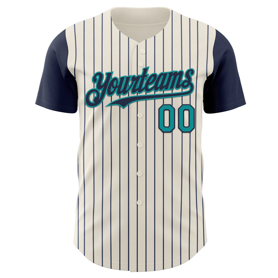 Custom Cream Navy Pinstripe Teal Authentic Two Tone Baseball Jersey