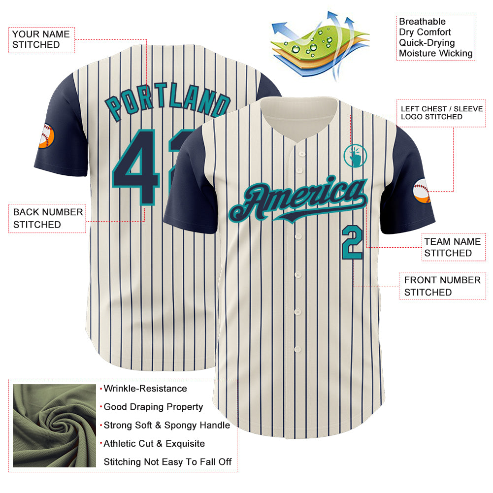 Custom Cream Navy Pinstripe Teal Authentic Two Tone Baseball Jersey