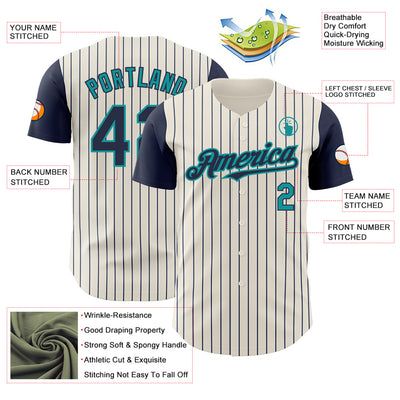 Custom Cream Navy Pinstripe Teal Authentic Two Tone Baseball Jersey