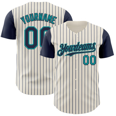 Custom Cream Navy Pinstripe Teal Authentic Two Tone Baseball Jersey