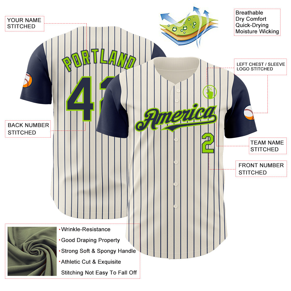 Custom Cream Navy Pinstripe Neon Green Authentic Two Tone Baseball Jersey