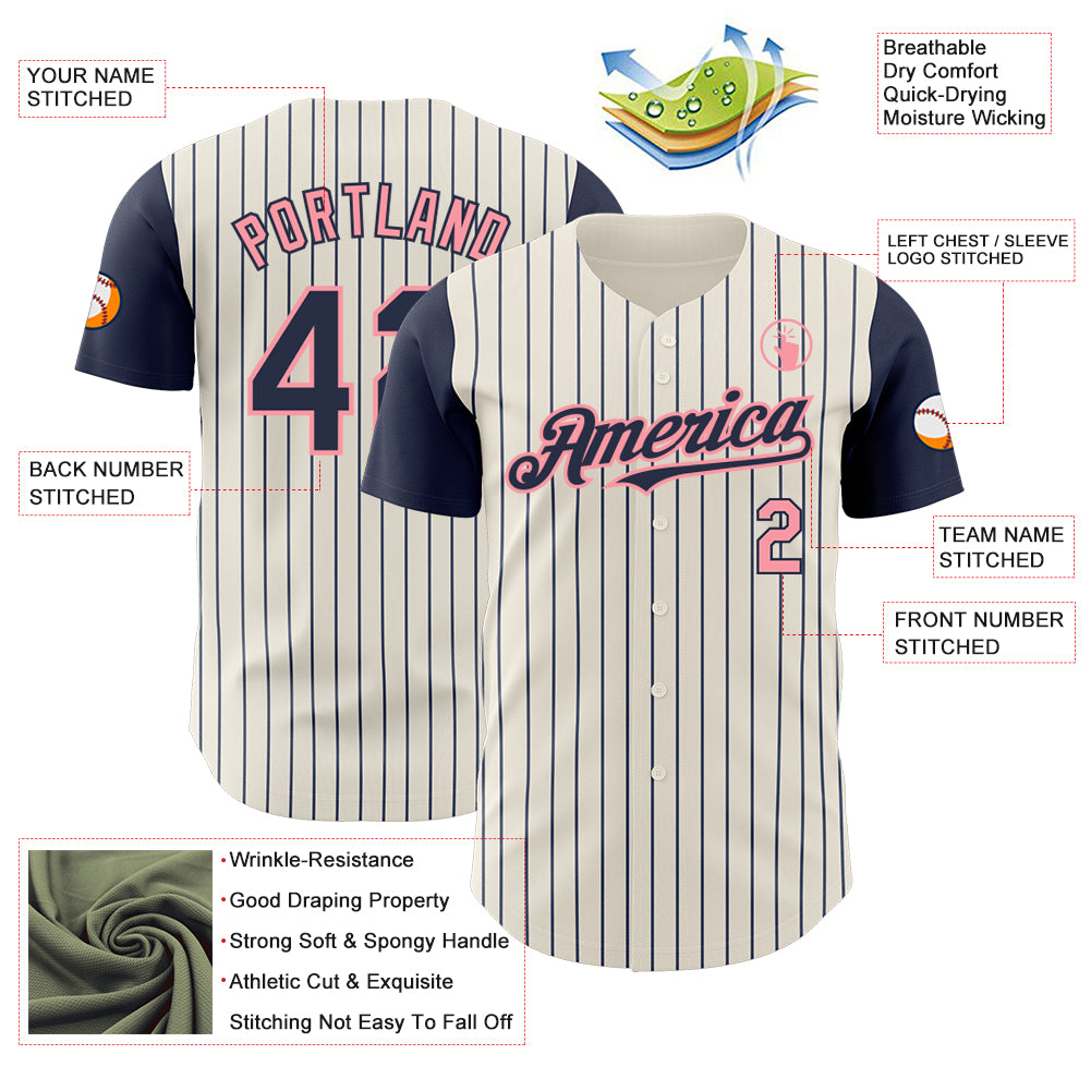 Custom Cream Navy Pinstripe Medium Pink Authentic Two Tone Baseball Jersey