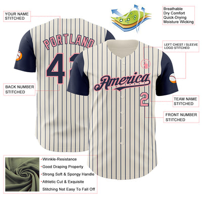 Custom Cream Navy Pinstripe Medium Pink Authentic Two Tone Baseball Jersey