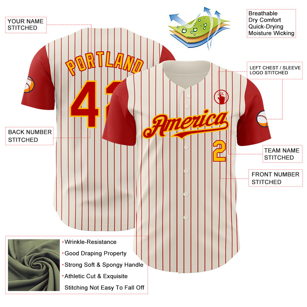 Custom Cream Red Pinstripe Gold Authentic Two Tone Baseball Jersey