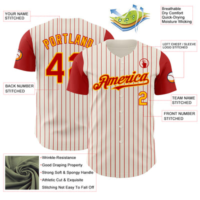 Custom Cream Red Pinstripe Gold Authentic Two Tone Baseball Jersey