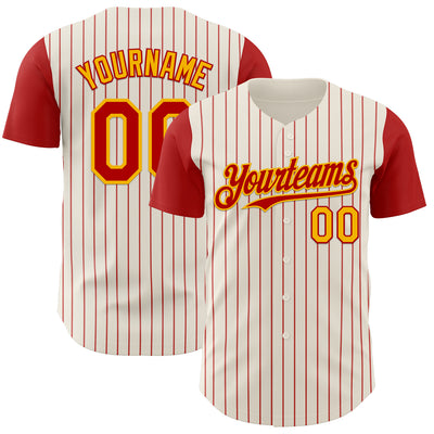 Custom Cream Red Pinstripe Gold Authentic Two Tone Baseball Jersey