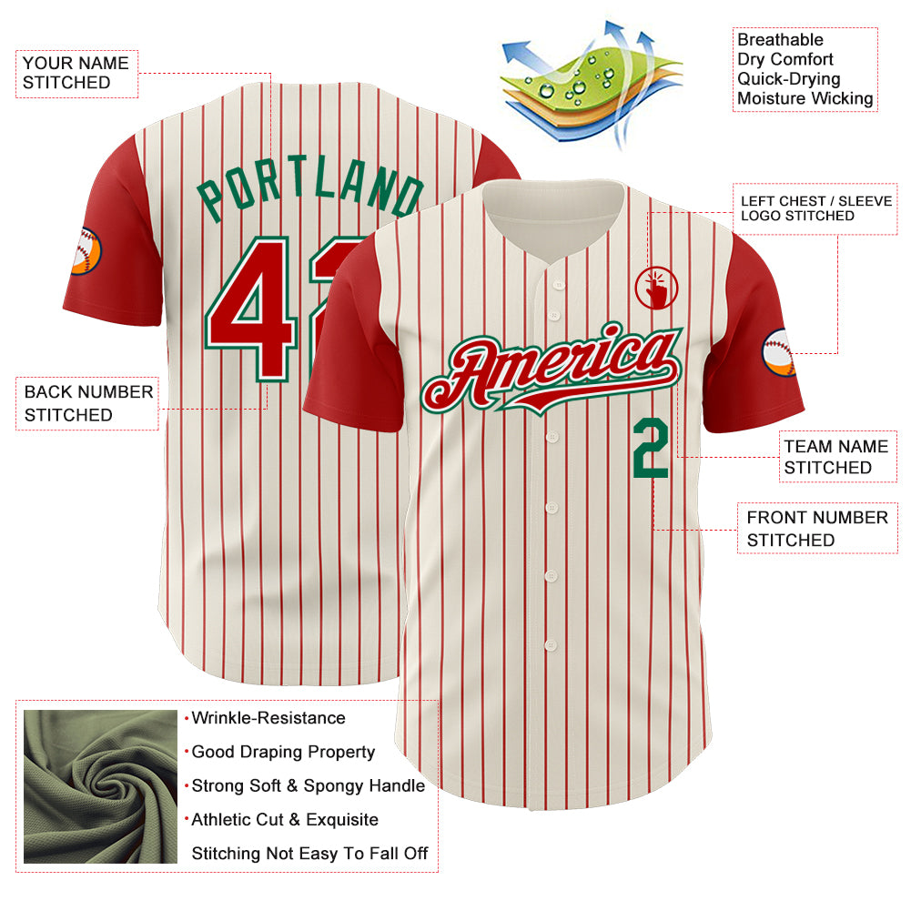 Custom Cream Red Pinstripe White-Kelly Green Authentic Two Tone Baseball Jersey