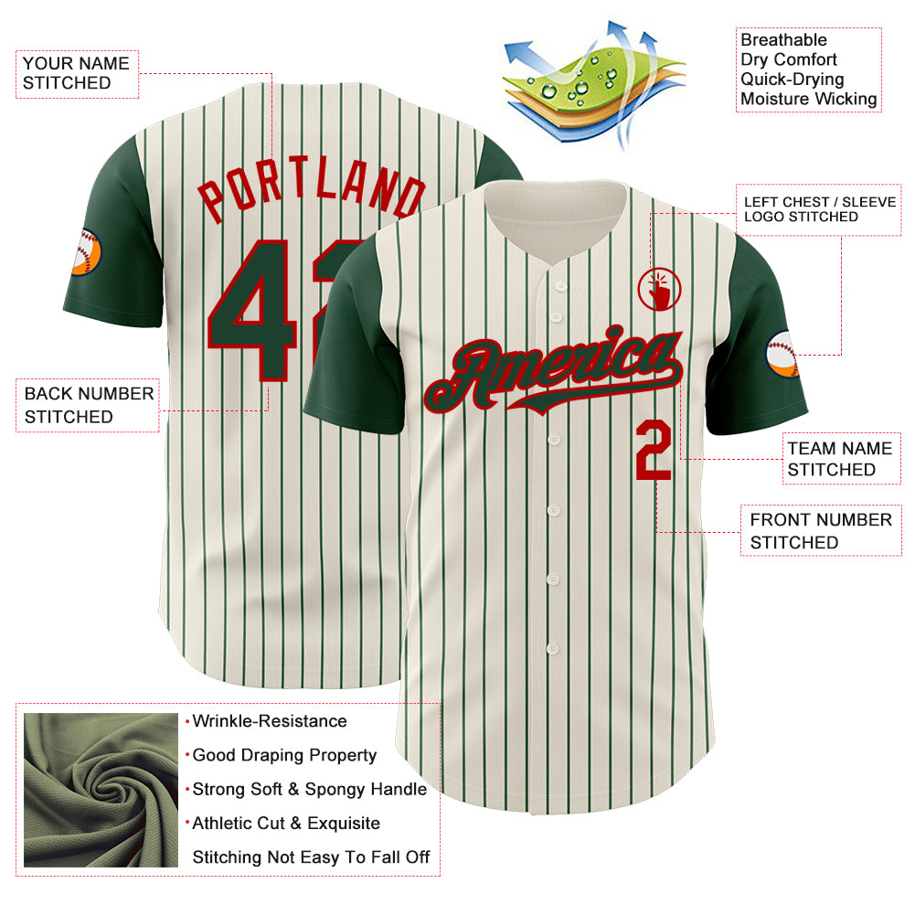 Custom Cream Green Pinstripe Red Authentic Two Tone Baseball Jersey