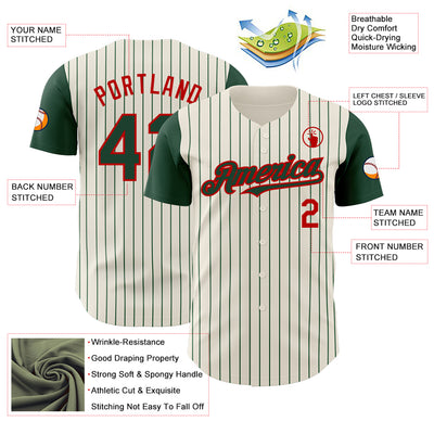 Custom Cream Green Pinstripe Red Authentic Two Tone Baseball Jersey