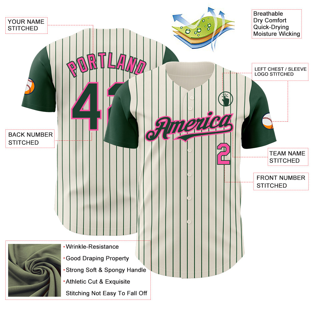 Custom Cream Green Pinstripe Pink Authentic Two Tone Baseball Jersey