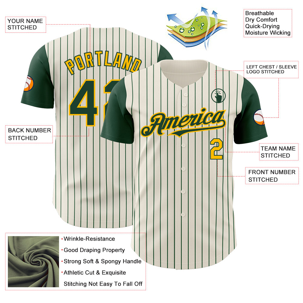 Custom Cream Green Pinstripe Gold Authentic Two Tone Baseball Jersey