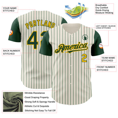 Custom Cream Green Pinstripe Gold Authentic Two Tone Baseball Jersey