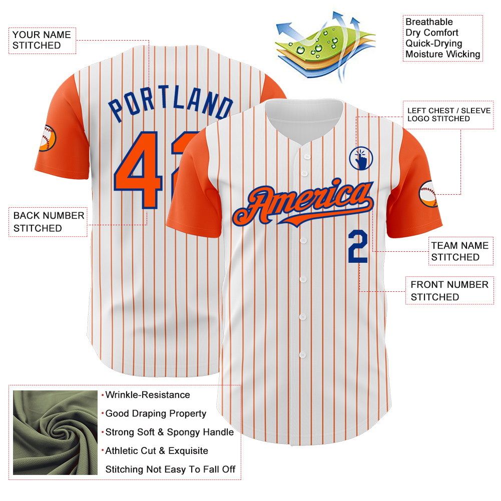 Custom White Orange Pinstripe Royal Authentic Two Tone Baseball Jersey