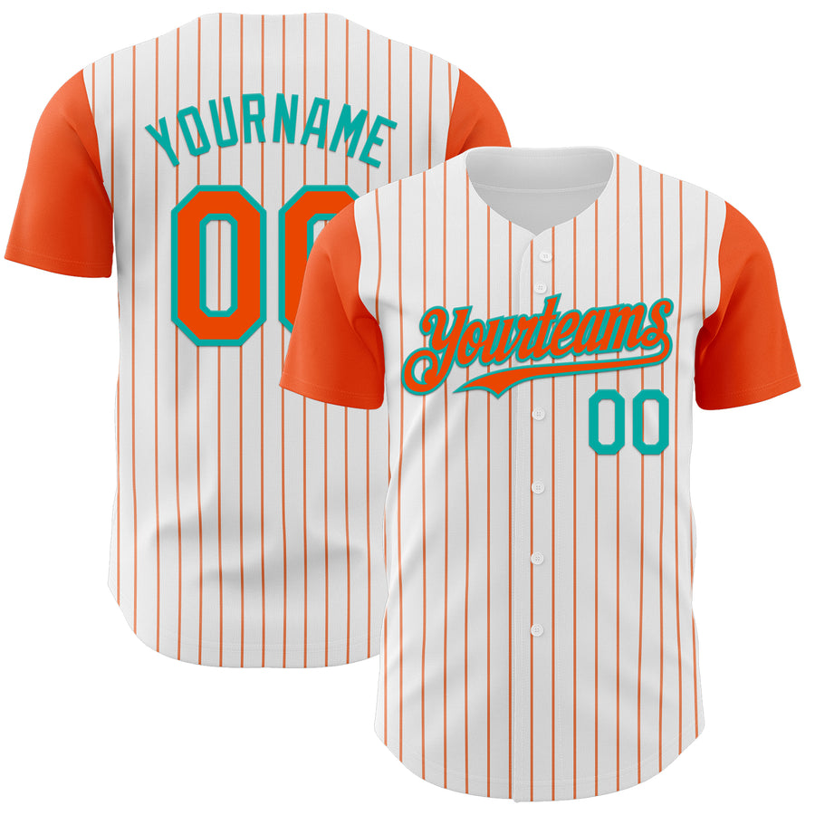 Custom White Orange Pinstripe Aqua Authentic Two Tone Baseball Jersey