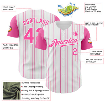 Custom White Pink Pinstripe Pink Authentic Two Tone Baseball Jersey