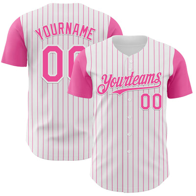 Custom White Pink Pinstripe Pink Authentic Two Tone Baseball Jersey